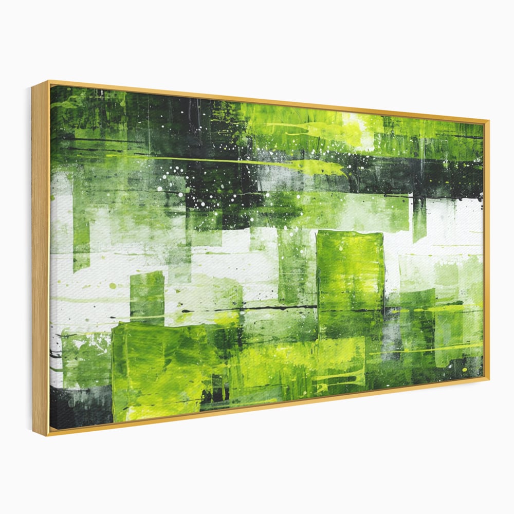 Tablou canvas cu pictura abstracta cu straturi verzi, in rama de aluminiu auriu