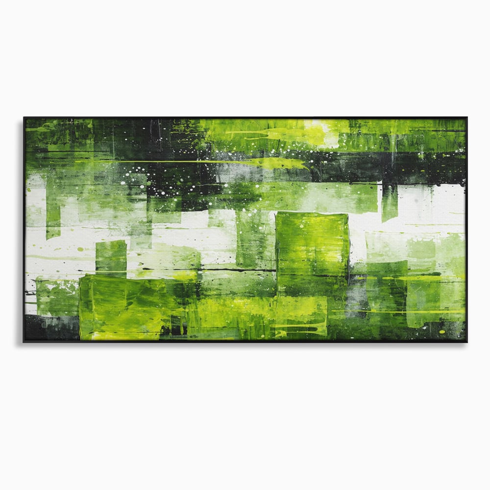 Tablou canvas cu pictura abstracta cu straturi verzi, in rama de aluminiu negru