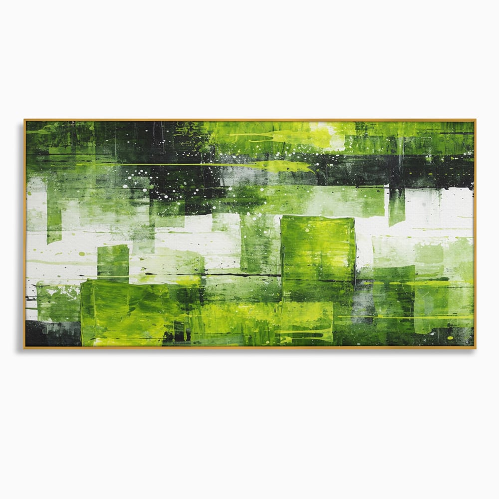 Tablou canvas cu pictura abstracta cu straturi verzi, in rama de aluminiu auriu