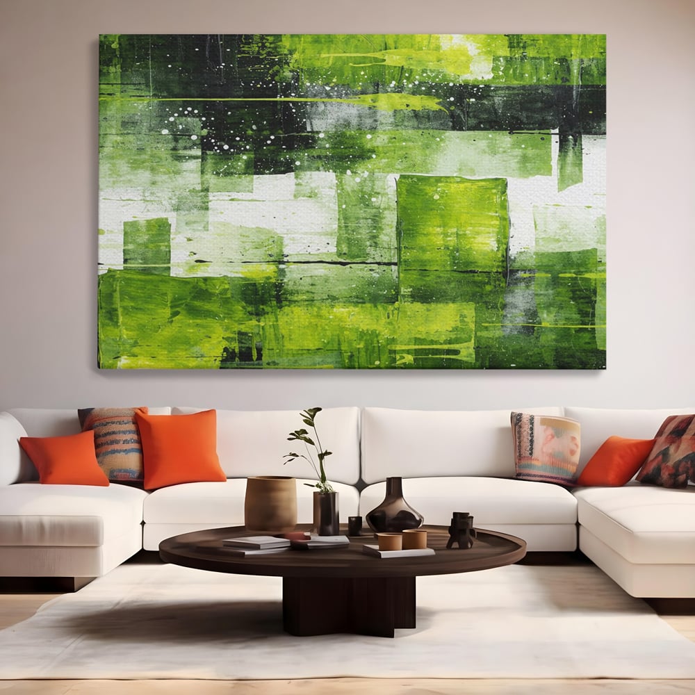 Tablou canvas cu pictura abstracta cu straturi verzi, fara rama, pe sasiu de lemn, pe perete intr-un living