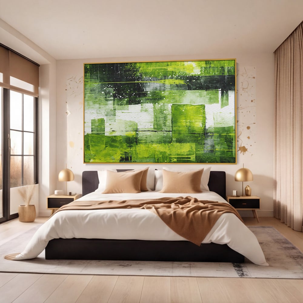 Tablou canvas cu pictura abstracta cu straturi verzi, in rama de aluminiu auriu, pe perete intr-un dormitor