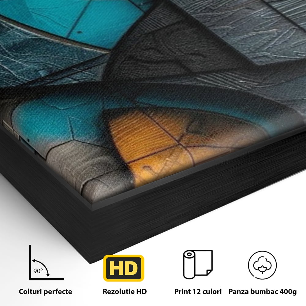 Detaliu al suprafetei: tablou abstract cu forme geometrice din lemn, in rama de aluminiu negru