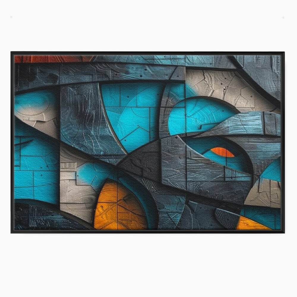 Tablou canvas cu tablou abstract cu forme geometrice din lemn, in rama de aluminiu negru