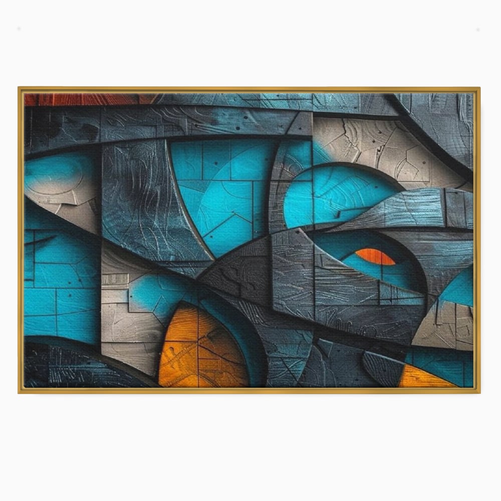 Tablou canvas cu tablou abstract cu forme geometrice din lemn, in rama de aluminiu auriu