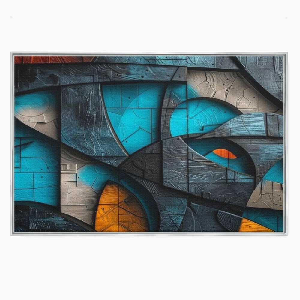Tablou canvas cu tablou abstract cu forme geometrice din lemn, in rama de aluminiu argintiu
