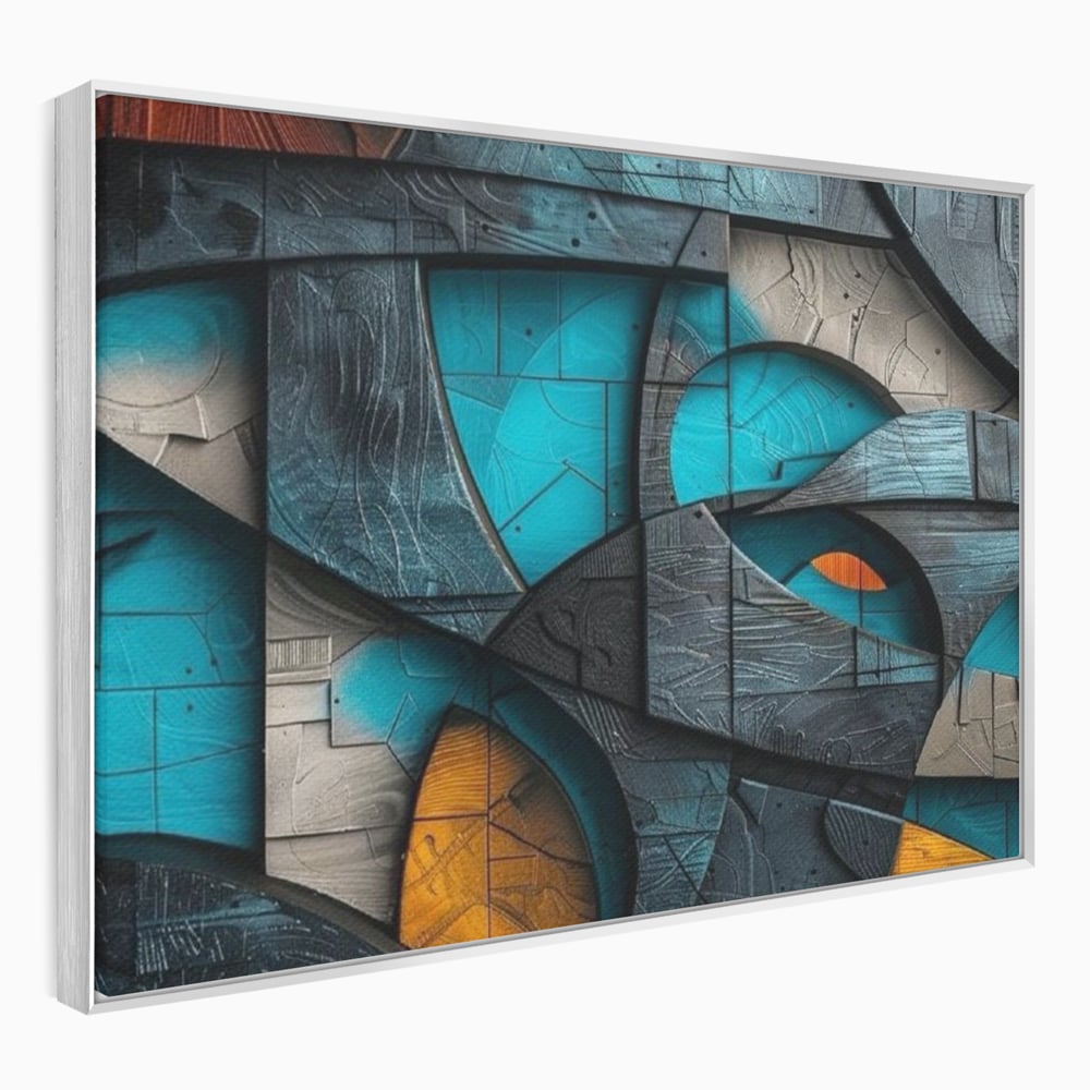 Tablou canvas cu tablou abstract cu forme geometrice din lemn, in rama de aluminiu argintiu