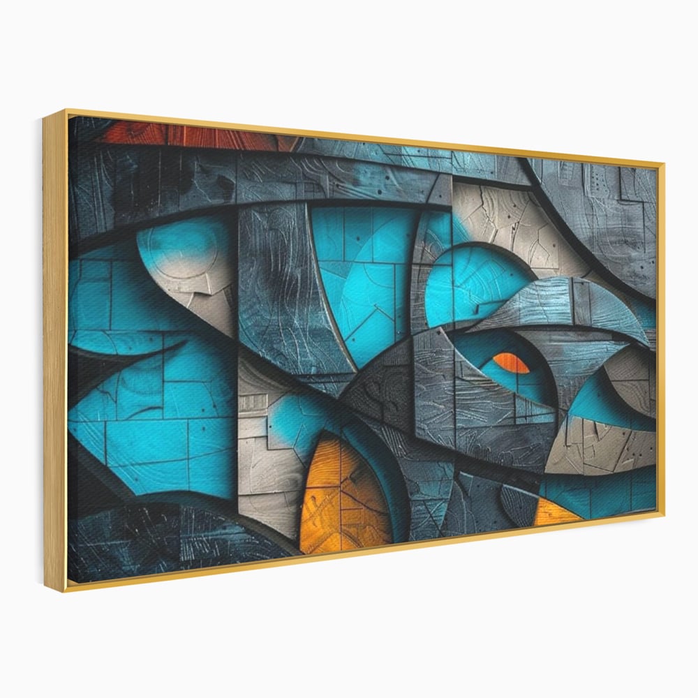 Tablou canvas cu tablou abstract cu forme geometrice din lemn, in rama de aluminiu auriu