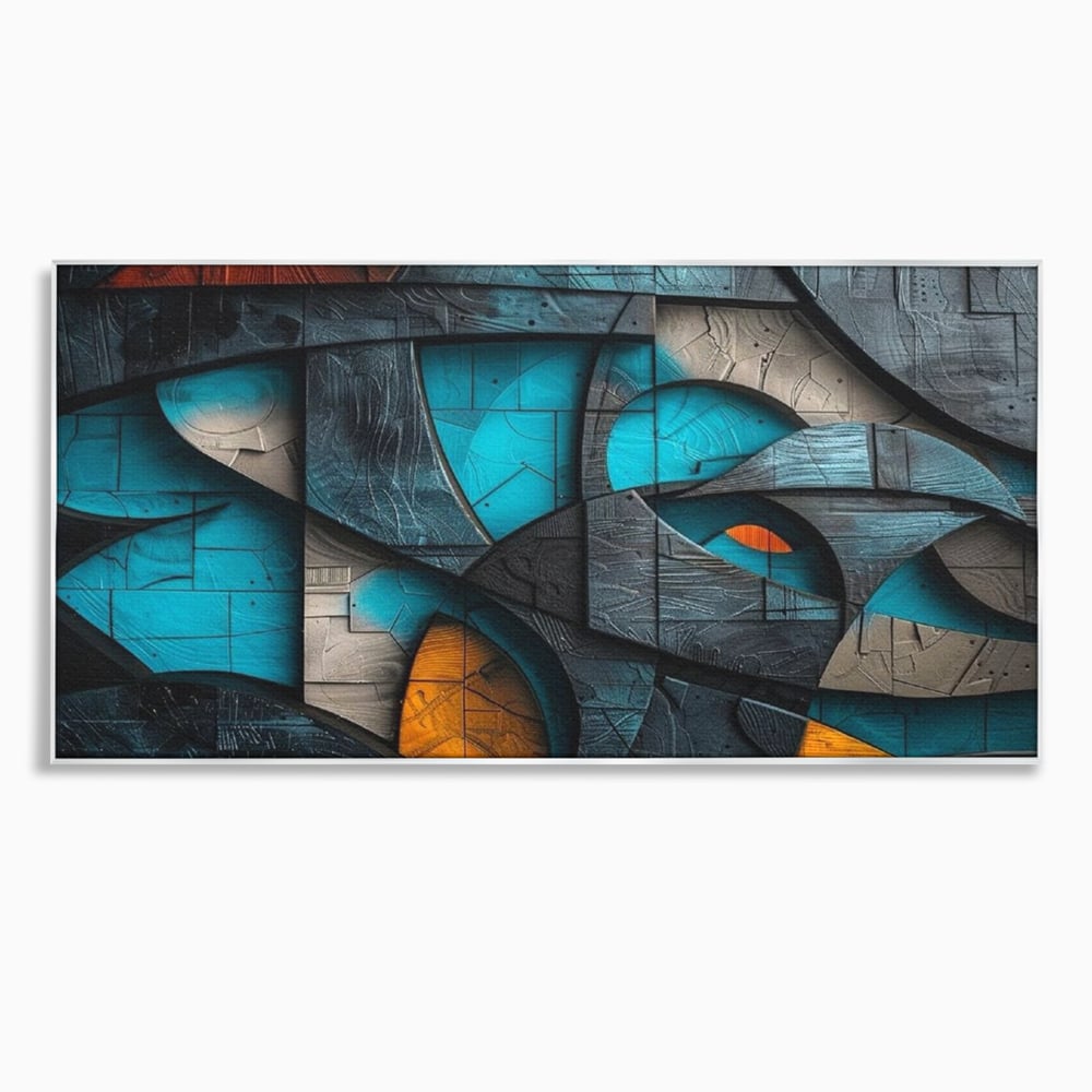 Tablou canvas cu tablou abstract cu forme geometrice din lemn, in rama de aluminiu argintiu