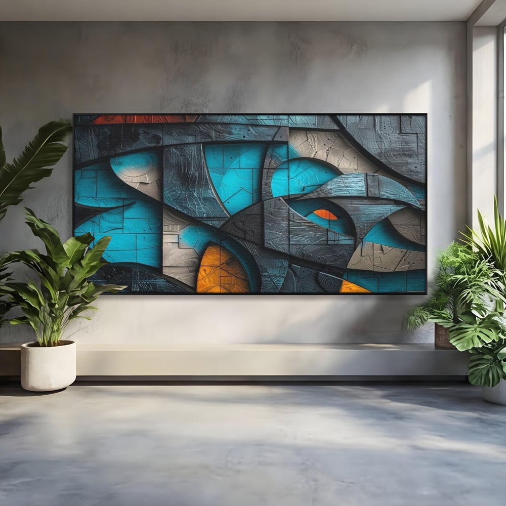 Tablou canvas cu tablou abstract cu forme geometrice din lemn, in rama de aluminiu negru
