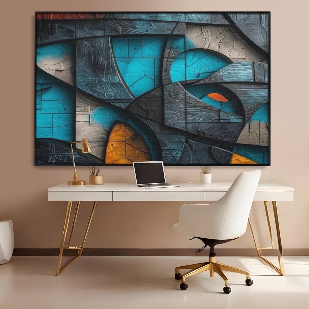 Tablou canvas cu tablou abstract cu forme geometrice din lemn, in rama de aluminiu negru, pe perete intr-un birou