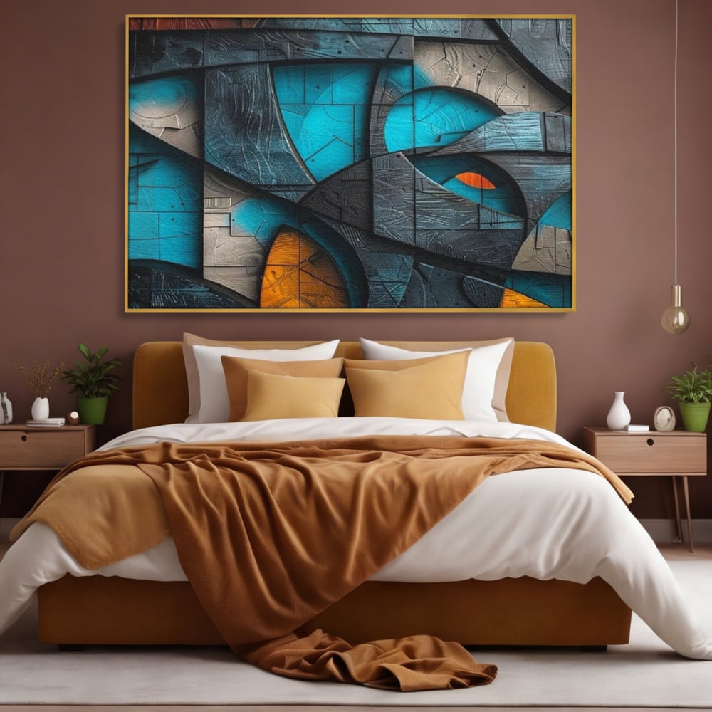 Tablou canvas cu tablou abstract cu forme geometrice din lemn, in rama de aluminiu auriu, pe perete intr-un dormitor