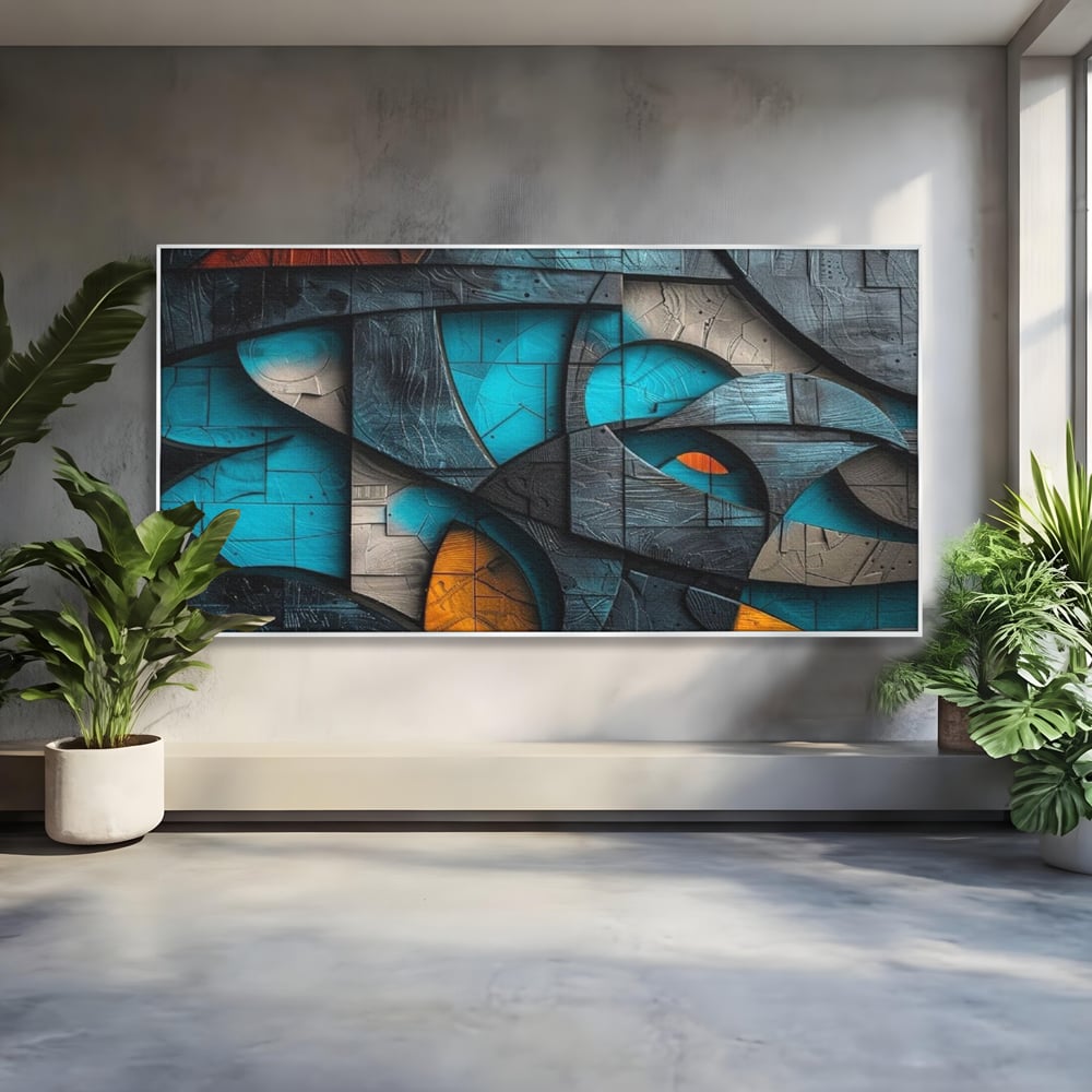 Tablou canvas cu tablou abstract cu forme geometrice din lemn, in rama de aluminiu argintiu