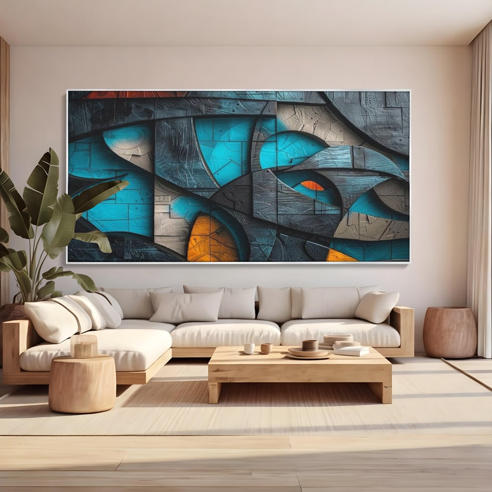 Tablou canvas cu tablou abstract cu forme geometrice din lemn, in rama de aluminiu argintiu, pe perete intr-un living