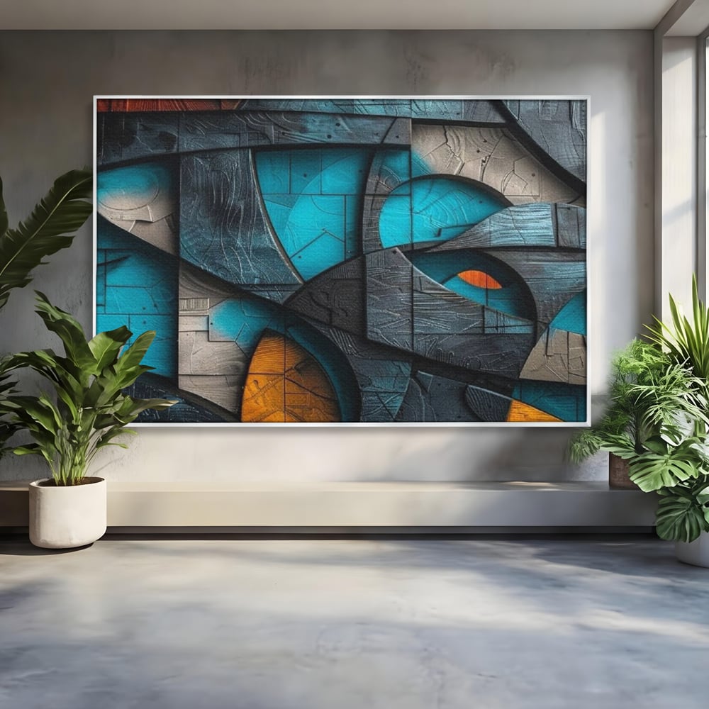 Tablou canvas cu tablou abstract cu forme geometrice din lemn, in rama de aluminiu argintiu