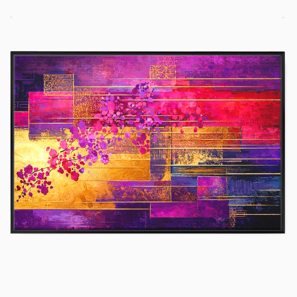 Tablou canvas cu pictura abstracta cu flori roz si linii aurii, in rama de aluminiu negru