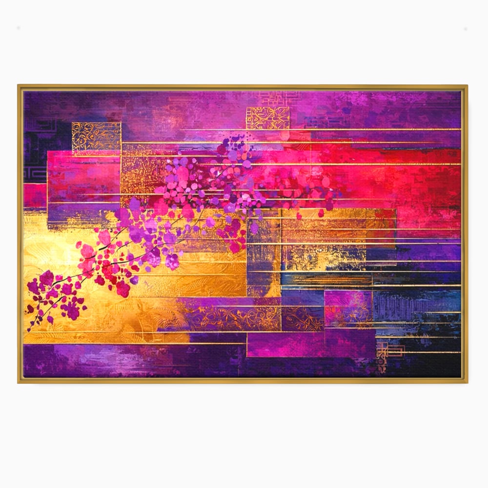 Tablou canvas cu pictura abstracta cu flori roz si linii aurii, in rama de aluminiu auriu