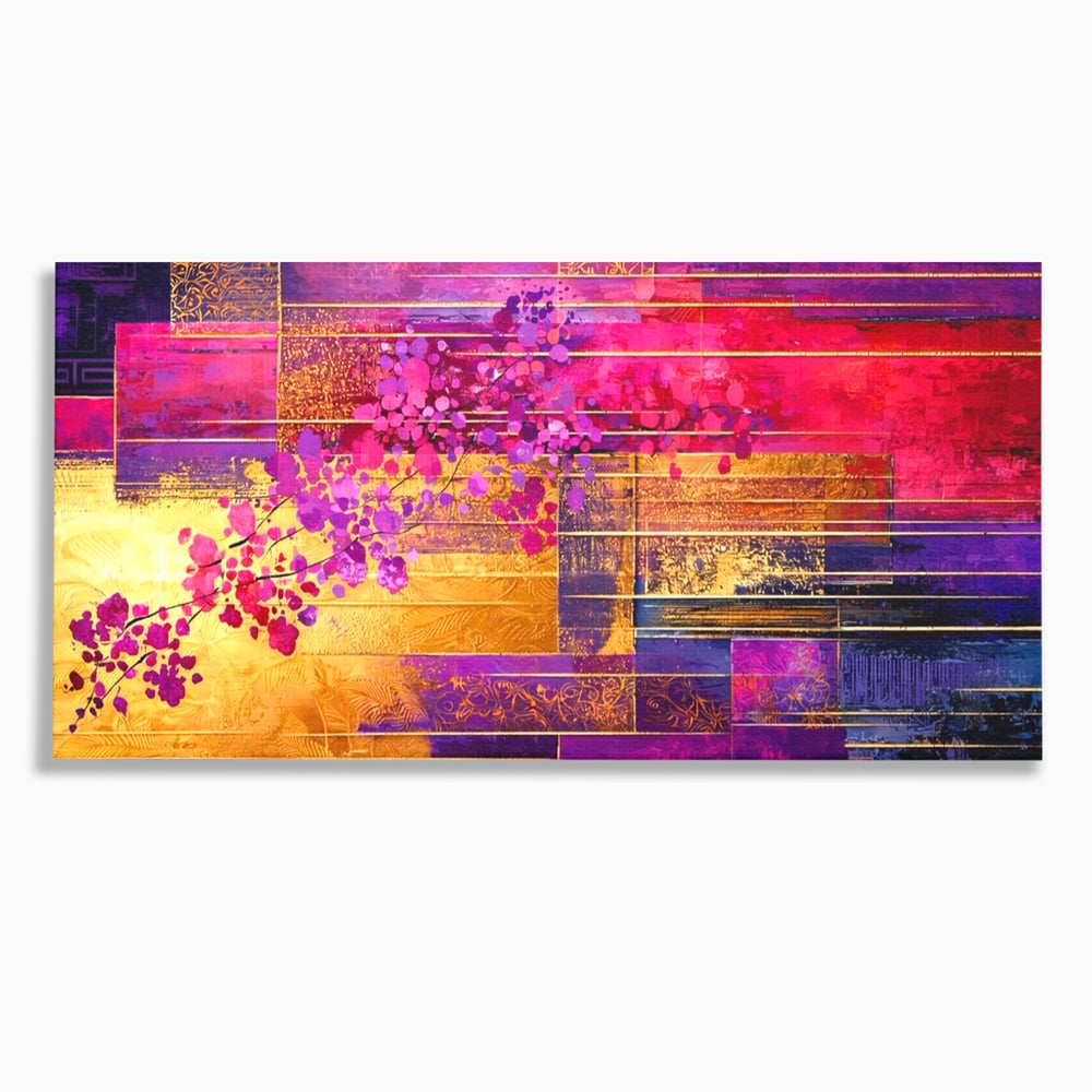 Tablou canvas cu pictura abstracta cu flori roz si linii aurii, fara rama, pe sasiu de lemn