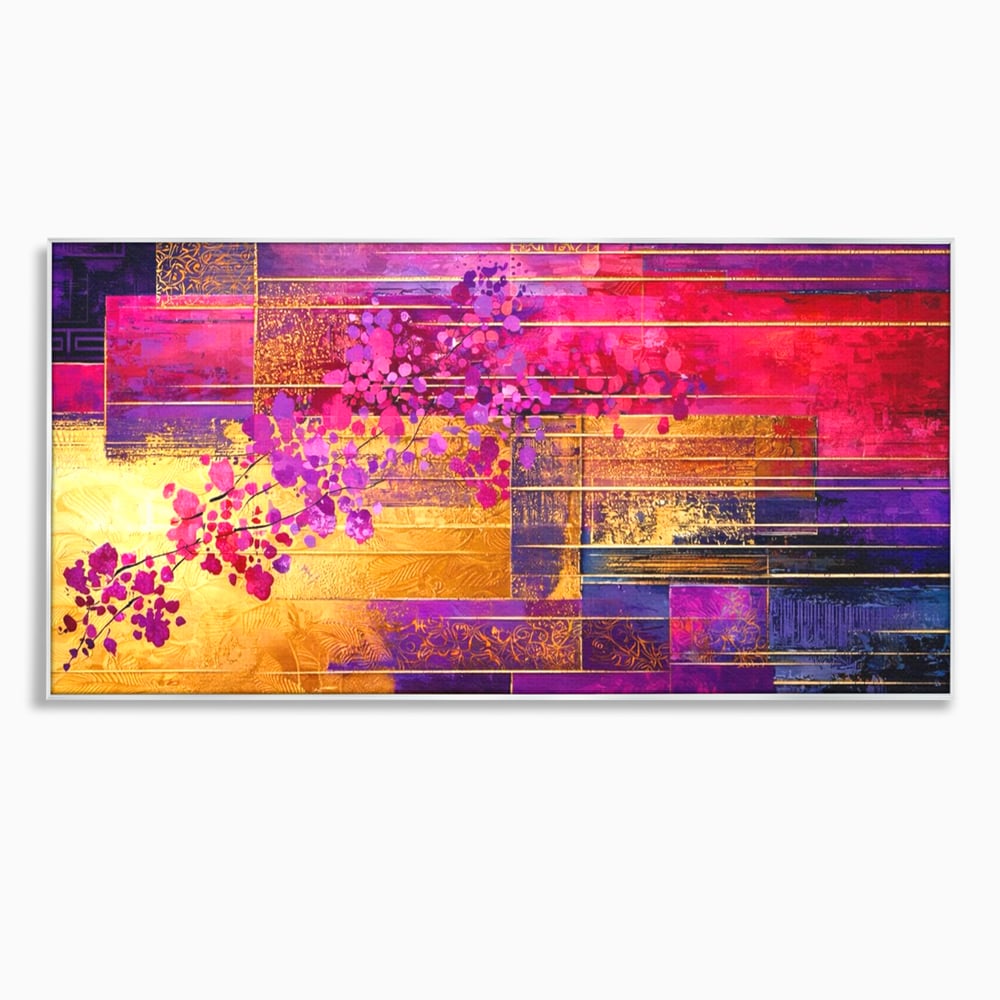 Tablou canvas cu pictura abstracta cu flori roz si linii aurii, in rama de aluminiu argintiu