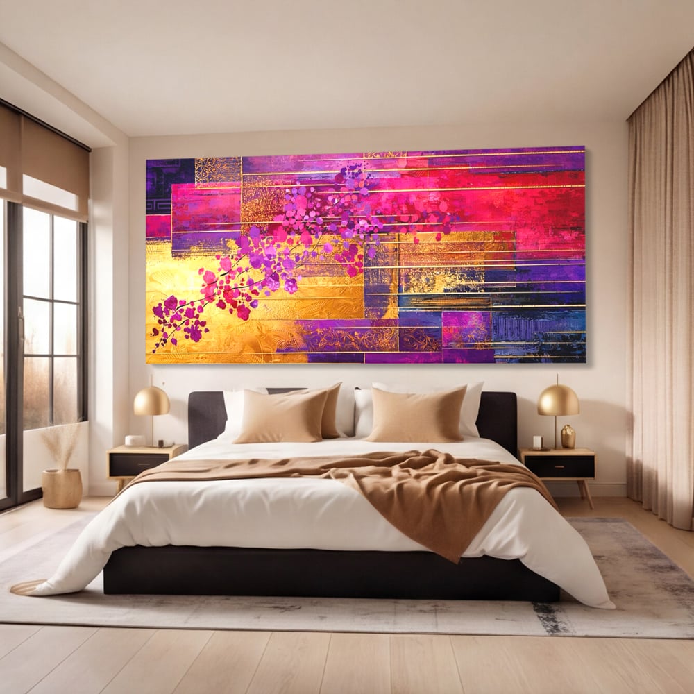 Tablou canvas cu pictura abstracta cu flori roz si linii aurii, fara rama, pe sasiu de lemn, pe perete intr-un dormitor