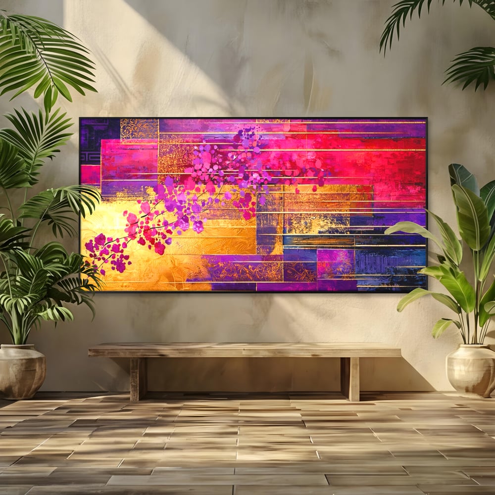 Tablou canvas cu pictura abstracta cu flori roz si linii aurii, in rama de aluminiu negru