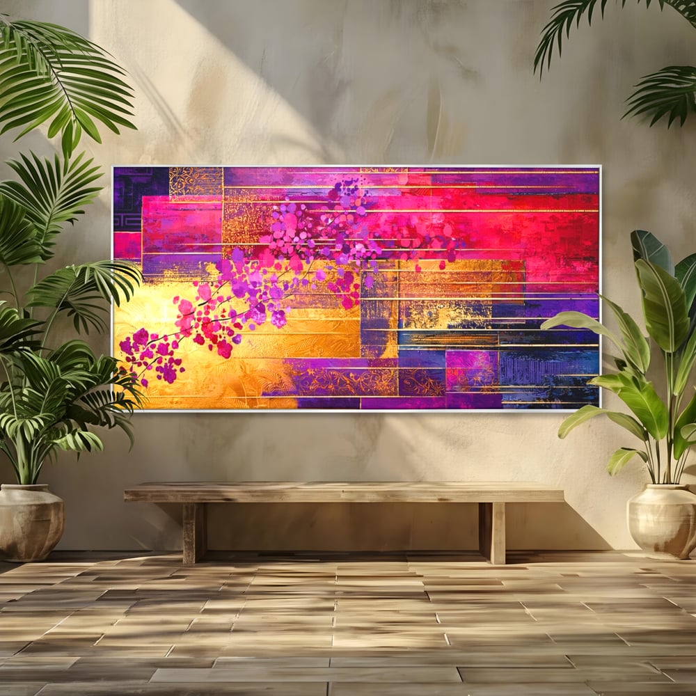 Tablou canvas cu pictura abstracta cu flori roz si linii aurii, in rama de aluminiu argintiu