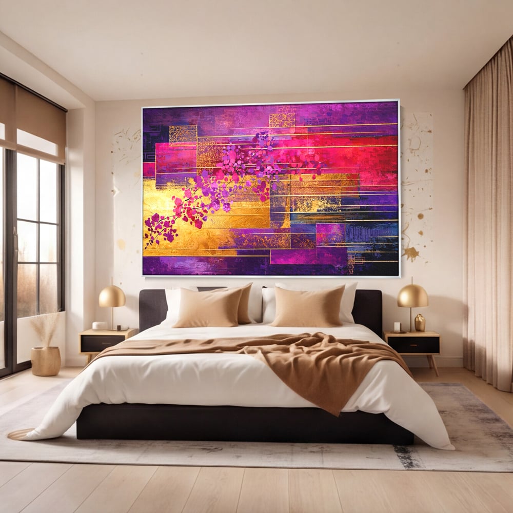 Tablou canvas cu pictura abstracta cu flori roz si linii aurii, in rama de aluminiu argintiu, pe perete intr-un dormitor