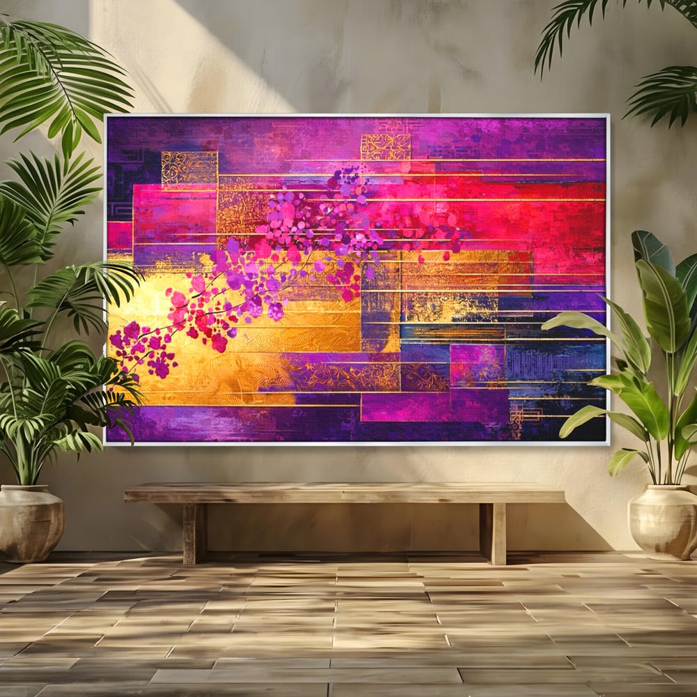 Tablou canvas cu pictura abstracta cu flori roz si linii aurii, in rama de aluminiu argintiu