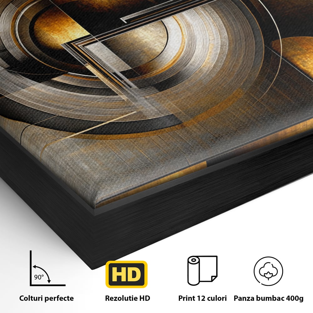 Detaliu al suprafetei: tablou canvas cu cercuri geometrice aurii, in rama de aluminiu negru