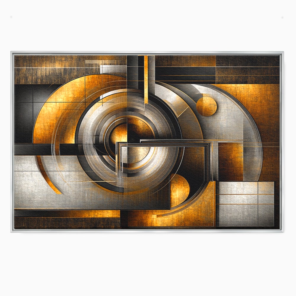Tablou canvas cu tablou canvas cu cercuri geometrice aurii, in rama de aluminiu argintiu