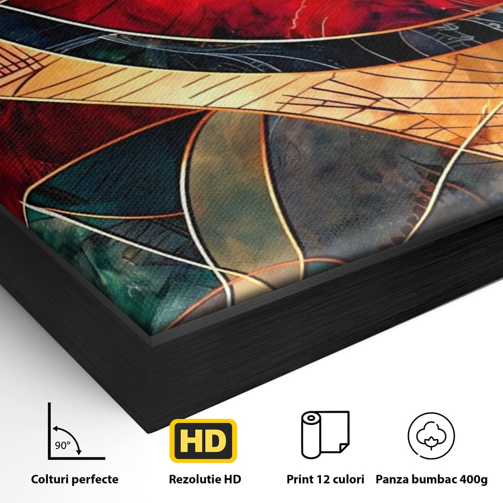 Detaliu al suprafetei: tablou abstract cu linii aurii, in rama de aluminiu negru