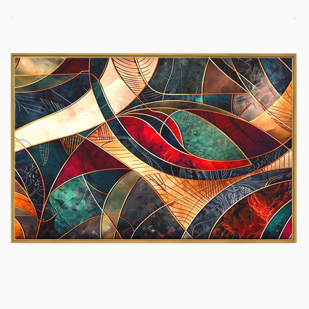 Tablou canvas cu tablou abstract cu linii aurii, in rama de aluminiu auriu