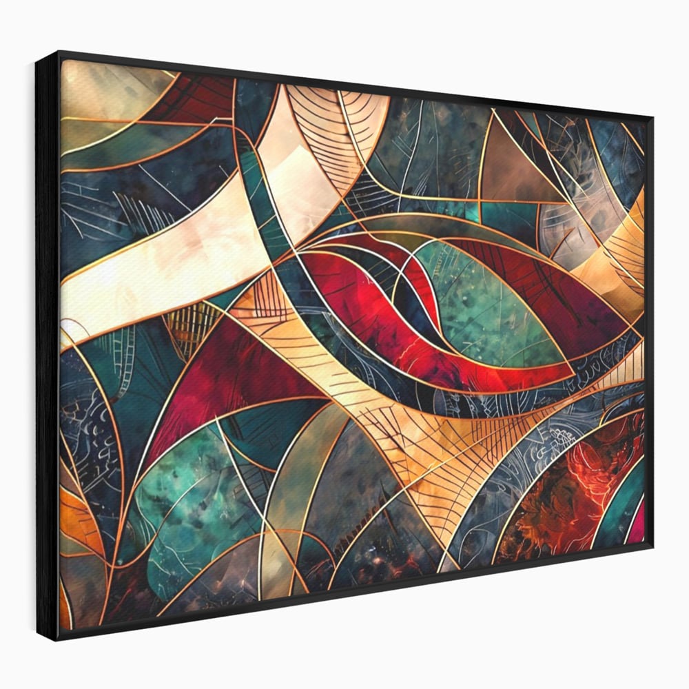 Tablou canvas cu tablou abstract cu linii aurii, in rama de aluminiu negru