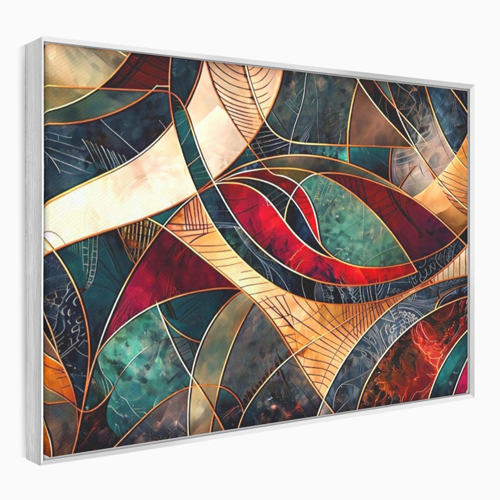 Tablou canvas cu tablou abstract cu linii aurii, in rama de aluminiu argintiu
