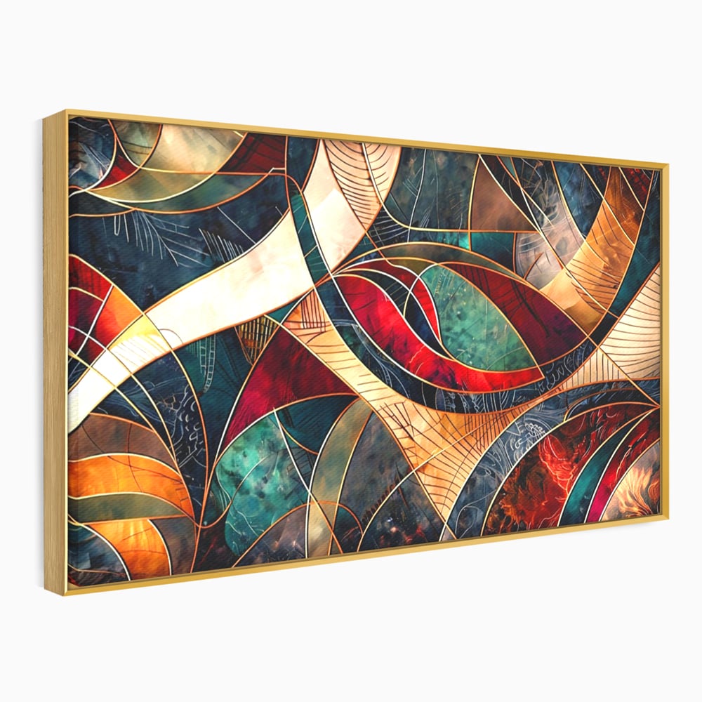 Tablou canvas cu tablou abstract cu linii aurii, in rama de aluminiu auriu