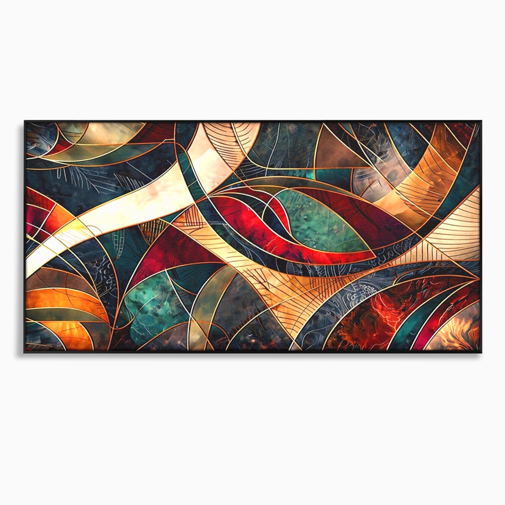 Tablou canvas cu tablou abstract cu linii aurii, in rama de aluminiu negru