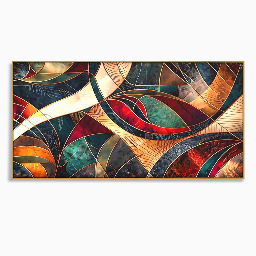 Tablou canvas cu tablou abstract cu linii aurii, in rama de aluminiu auriu