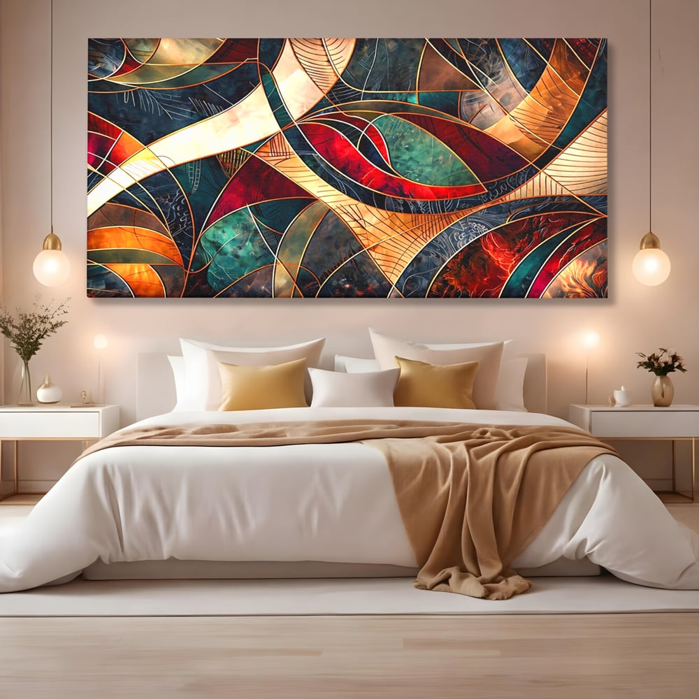 Tablou canvas cu tablou abstract cu linii aurii, fara rama, pe sasiu de lemn, pe perete intr-un dormitor
