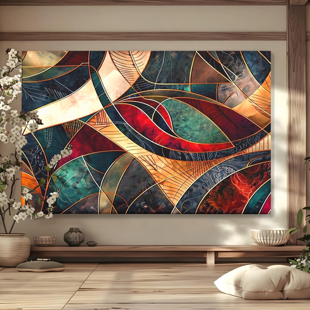 Tablou canvas cu tablou abstract cu linii aurii, fara rama, pe sasiu de lemn