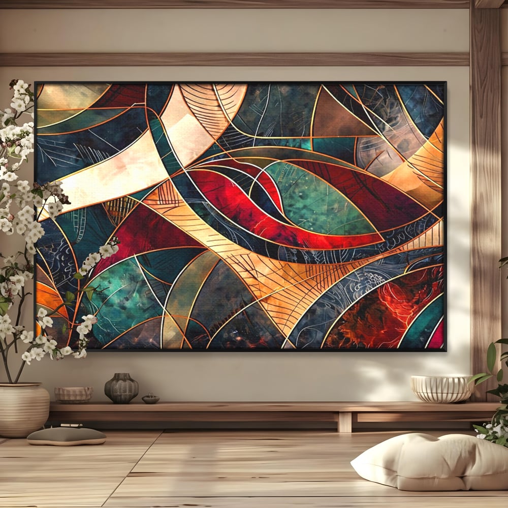 Tablou canvas cu tablou abstract cu linii aurii, in rama de aluminiu negru