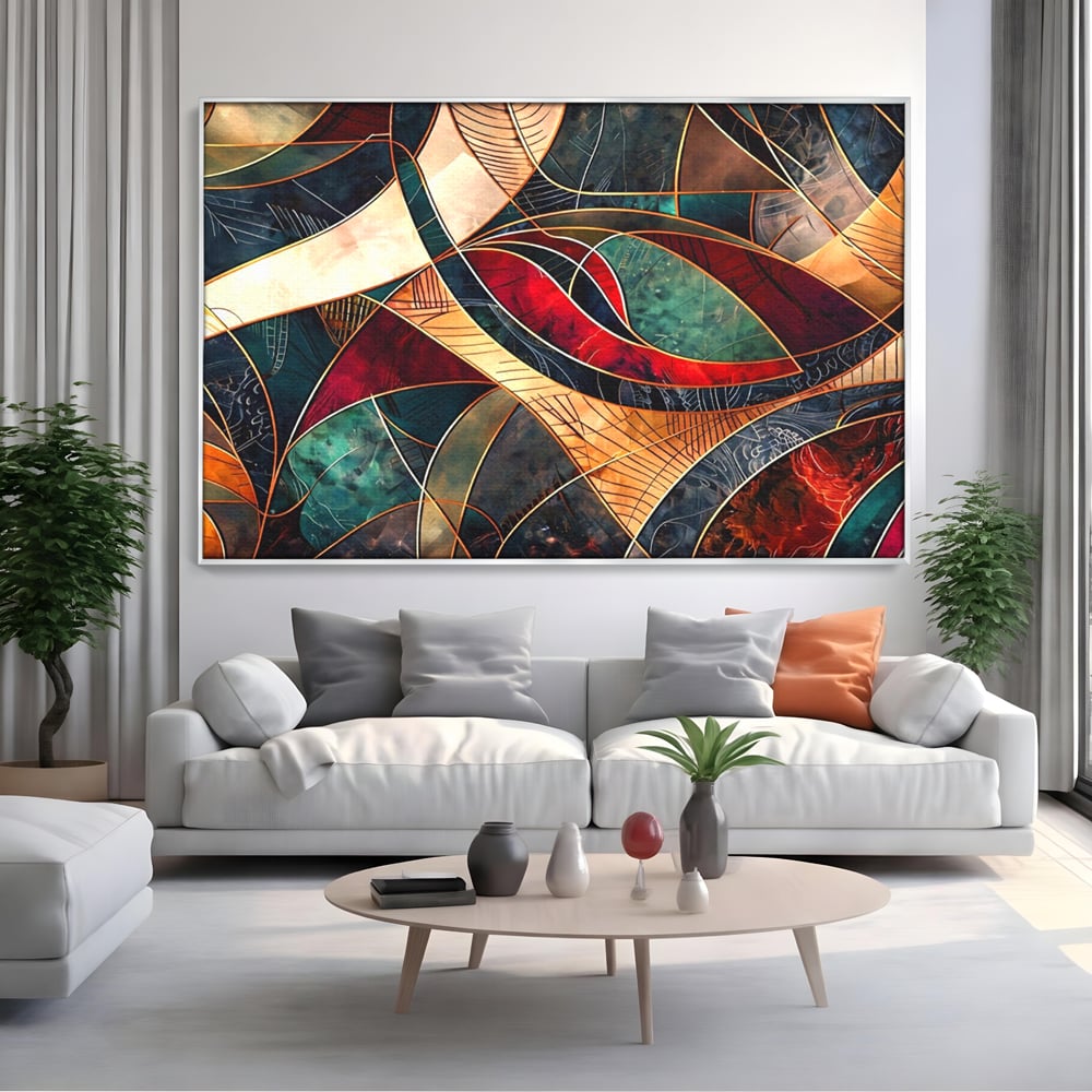Tablou canvas cu tablou abstract cu linii aurii, in rama de aluminiu argintiu, pe perete intr-un living