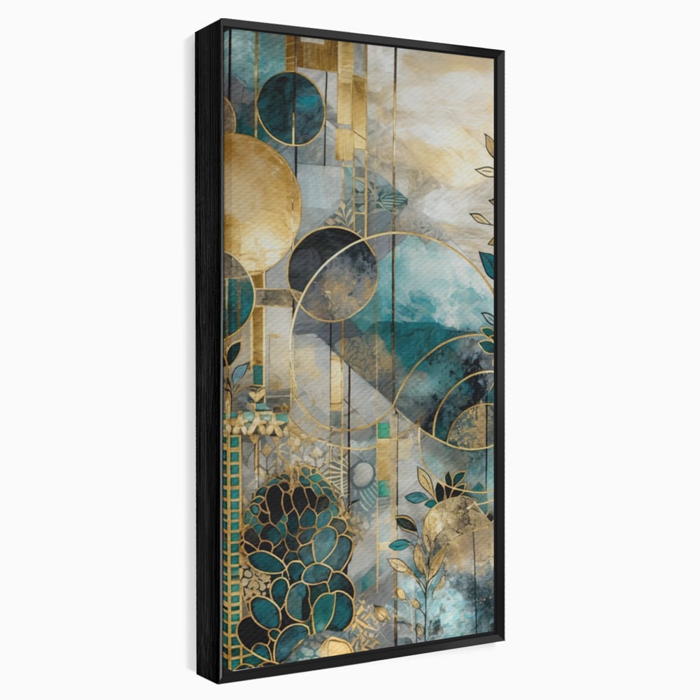 Tablou canvas cu compozitie abstracta cu forme geometrice si frunze, in rama de aluminiu negru