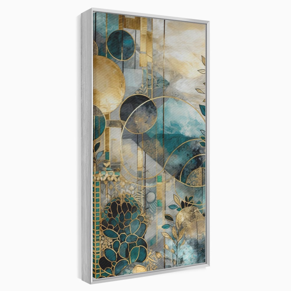 Tablou canvas cu compozitie abstracta cu forme geometrice si frunze, in rama de aluminiu argintiu