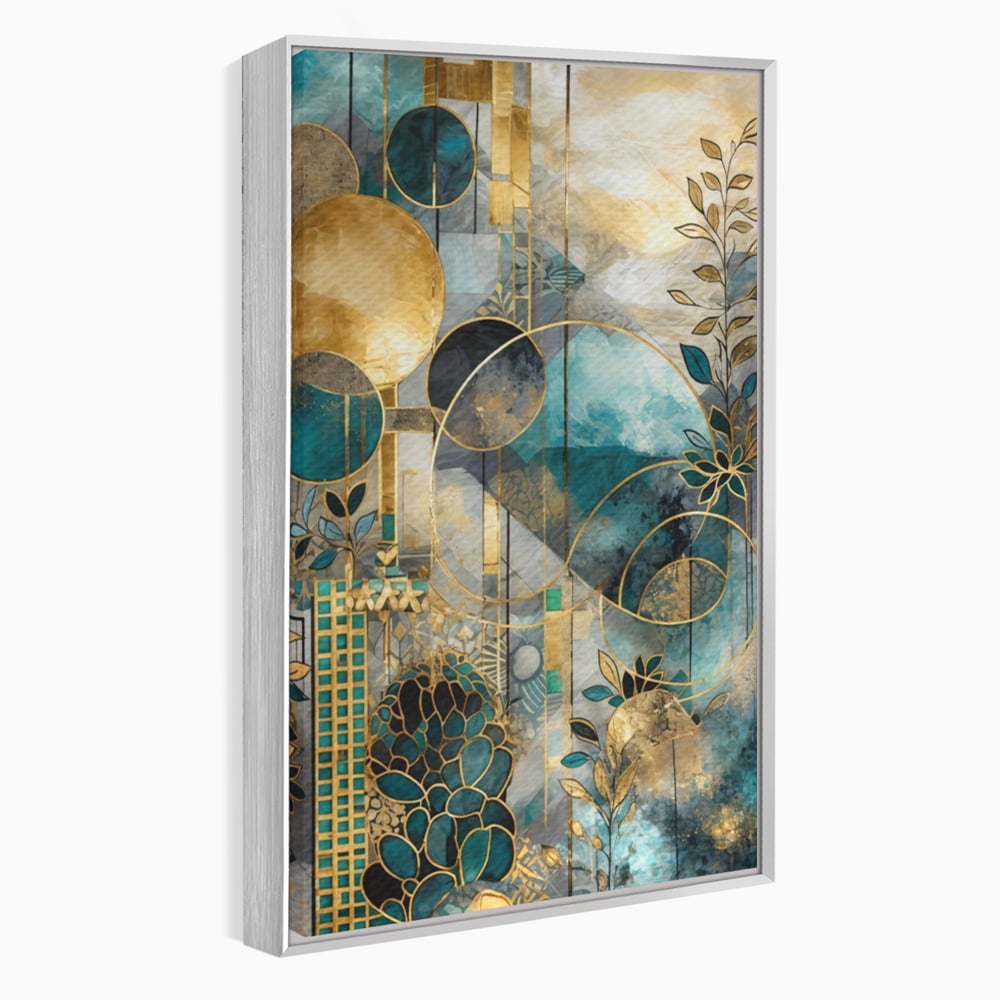 Tablou canvas cu compozitie abstracta cu forme geometrice si frunze, in rama de aluminiu argintiu