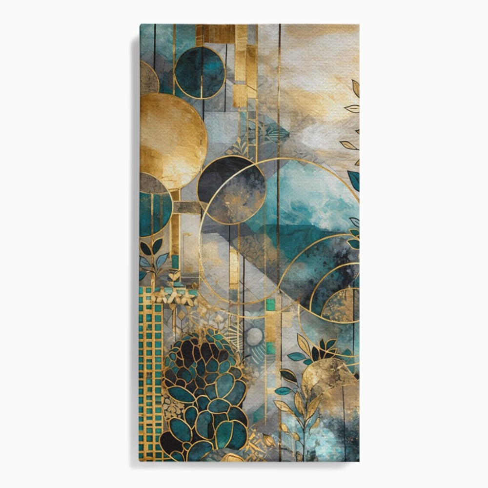Tablou canvas cu compozitie abstracta cu forme geometrice si frunze, fara rama, pe sasiu de lemn
