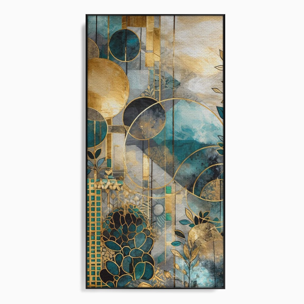 Tablou canvas cu compozitie abstracta cu forme geometrice si frunze, in rama de aluminiu negru