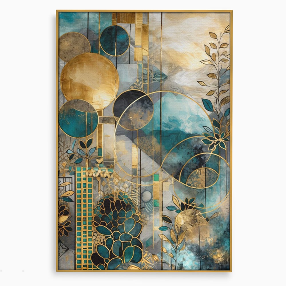 Tablou canvas cu compozitie abstracta cu forme geometrice si frunze, in rama de aluminiu auriu