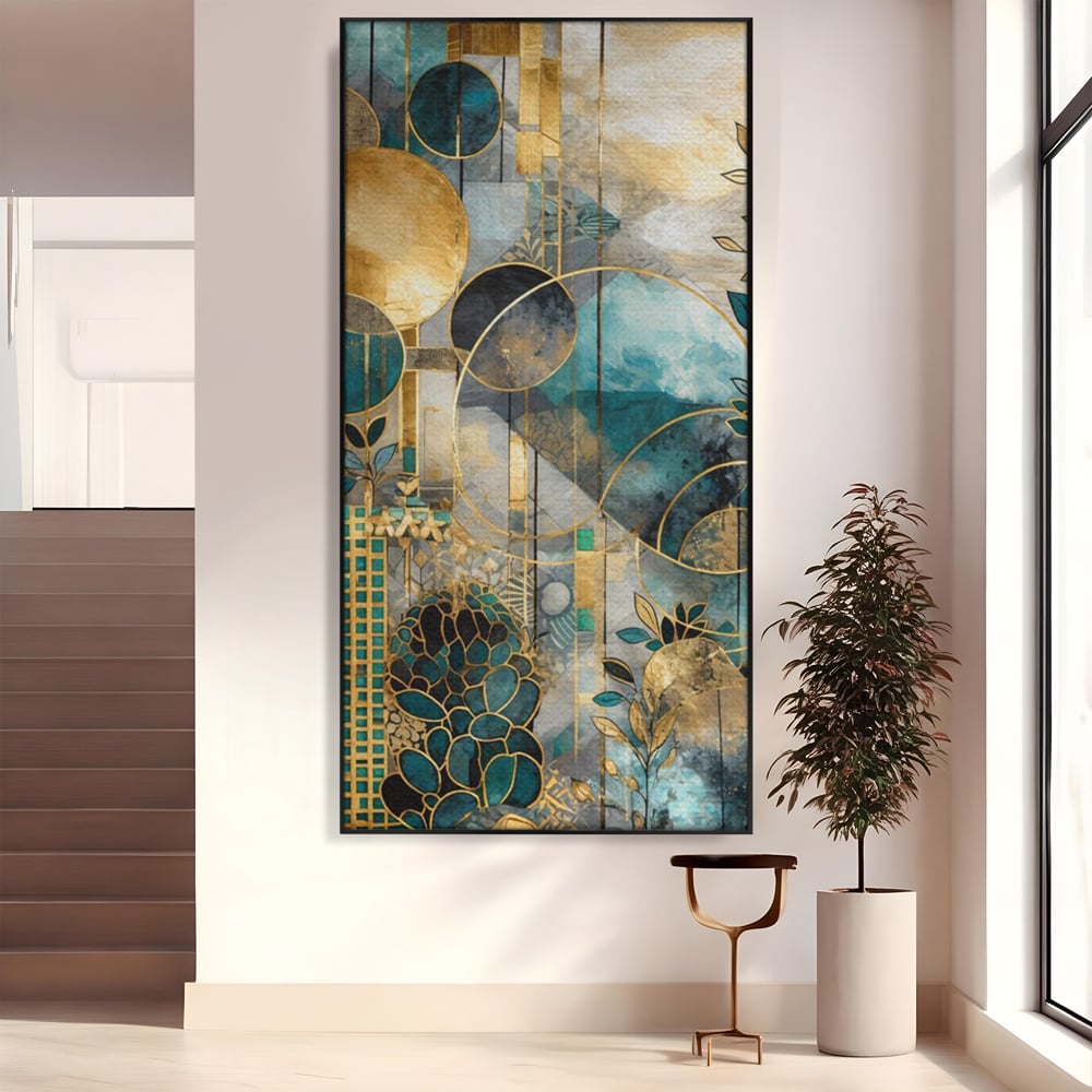 Tablou canvas cu compozitie abstracta cu forme geometrice si frunze, in rama de aluminiu negru