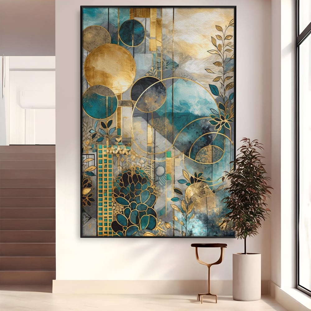 Tablou canvas cu compozitie abstracta cu forme geometrice si frunze, in rama de aluminiu negru