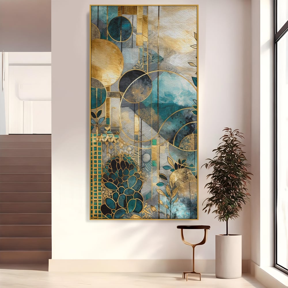 Tablou canvas cu compozitie abstracta cu forme geometrice si frunze, in rama de aluminiu auriu