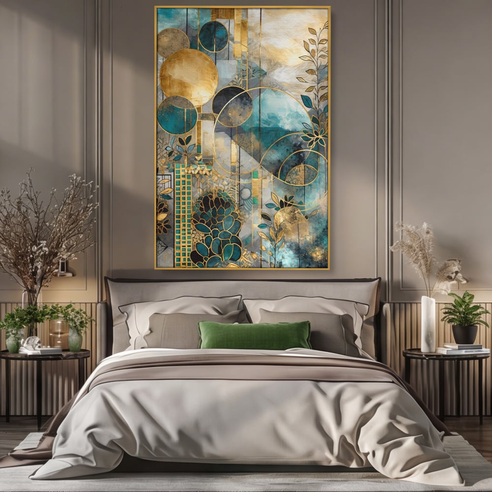 Tablou canvas cu compozitie abstracta cu forme geometrice si frunze, in rama de aluminiu auriu, pe perete intr-un dormitor